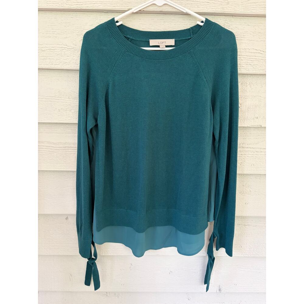 LOFT Teal Knit & Chiffon Layered Sweater Top Size Medium - Picture 2 of 6